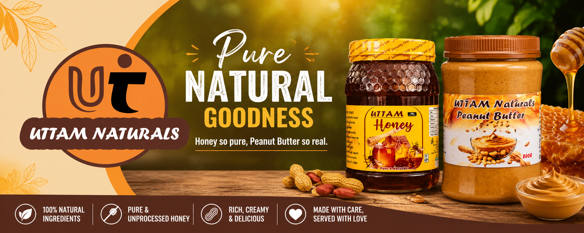 Uttam Naturals honey and peanut butter jars